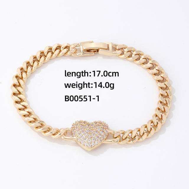 Hiphop diamond heart curban link chain bracelet
