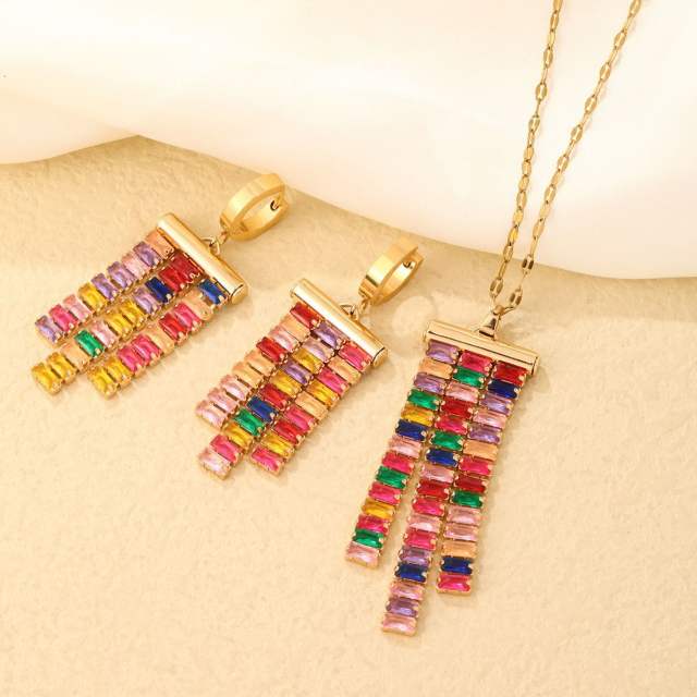 Delicate rainbow cubic zircon gold plated copper necklace set