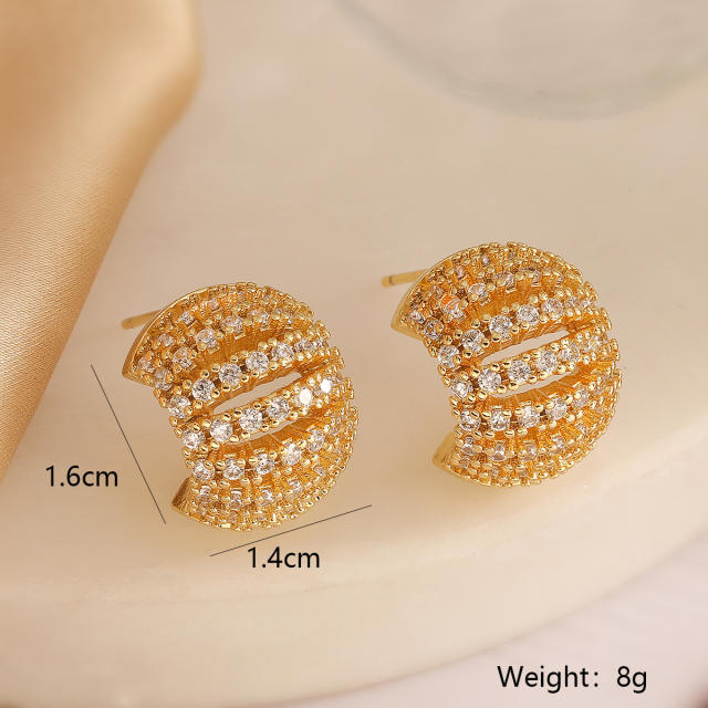 Luxury full cubic zircon chunky gold plated copper studs earrings