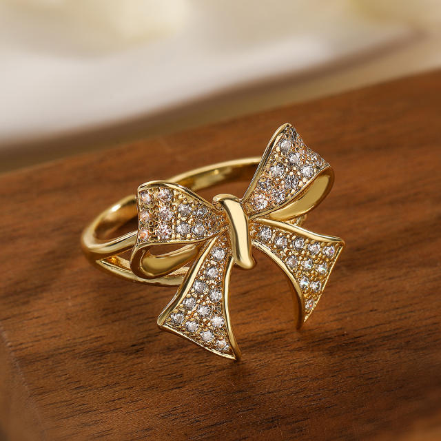 Delicate diamond bow real gold plated copper adjustable finger rings collection