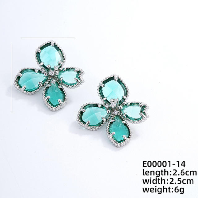 Elegant colorful glass petal flower gold plated copper studs earrings