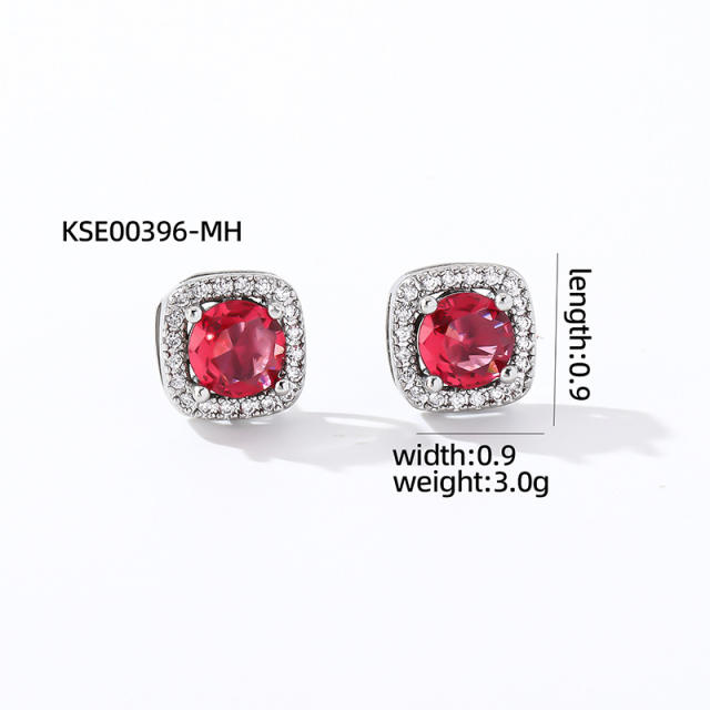 Chic square colorful cubic zircon copper material diamond studs earrings