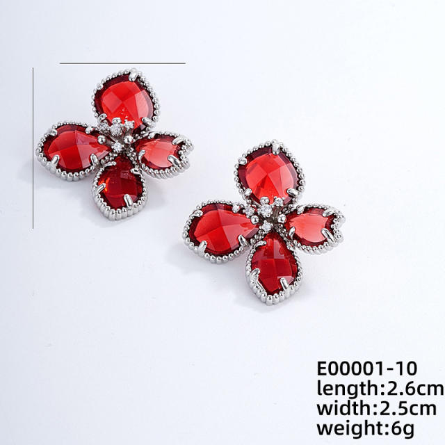 Elegant colorful glass petal flower gold plated copper studs earrings