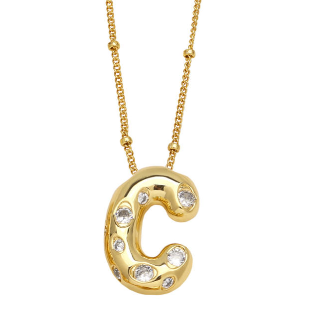 Chunky cubir zircon initial letter charm gold plated copper necklace bubble necklace