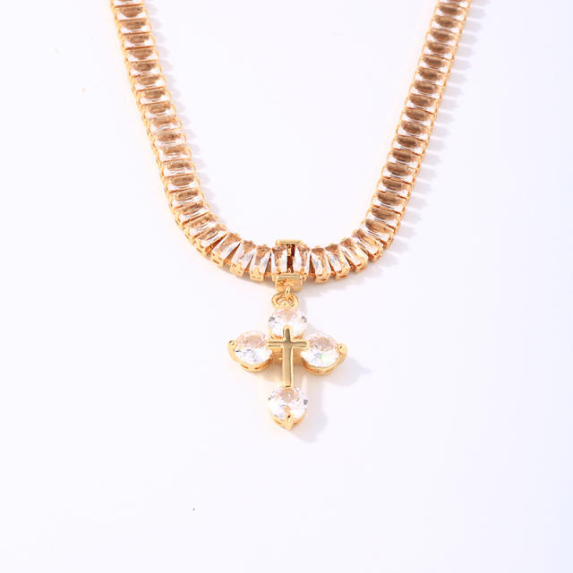 Hiphop diamond cross pendant tennis chain necklace