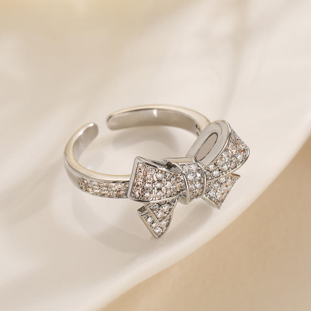 Delicate diamond bow real gold plated copper adjustable finger rings collection