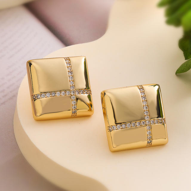 Chunky delicate diamond cross round square shape gold plated copper studs earrings