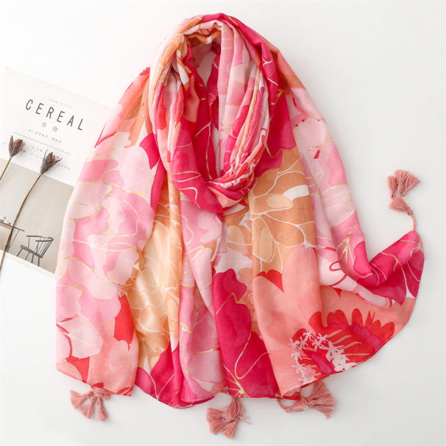 Spring summer red color flower pattern fashion scarf