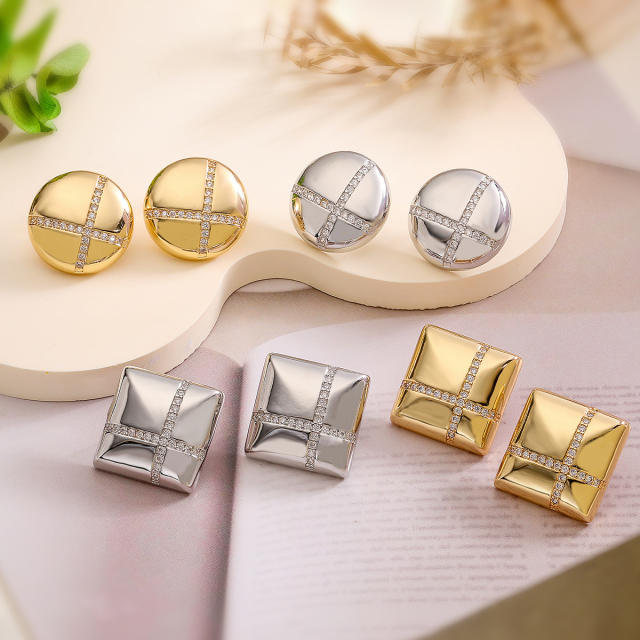 Chunky delicate diamond cross round square shape gold plated copper studs earrings