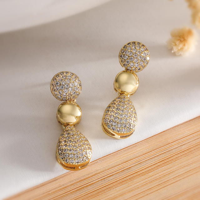 Delicate full diamond drop shape gold plated copper earrings