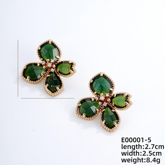 Elegant colorful glass petal flower gold plated copper studs earrings