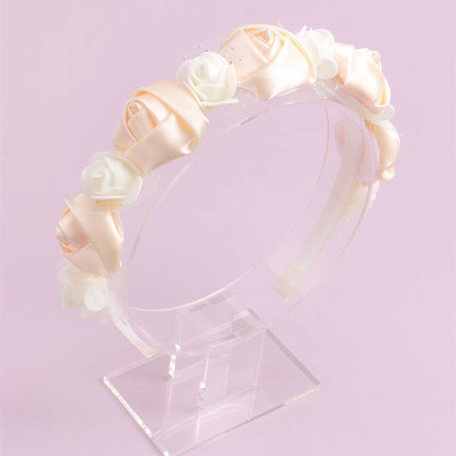 Sweet pink color satin flower headband for kids flower girl