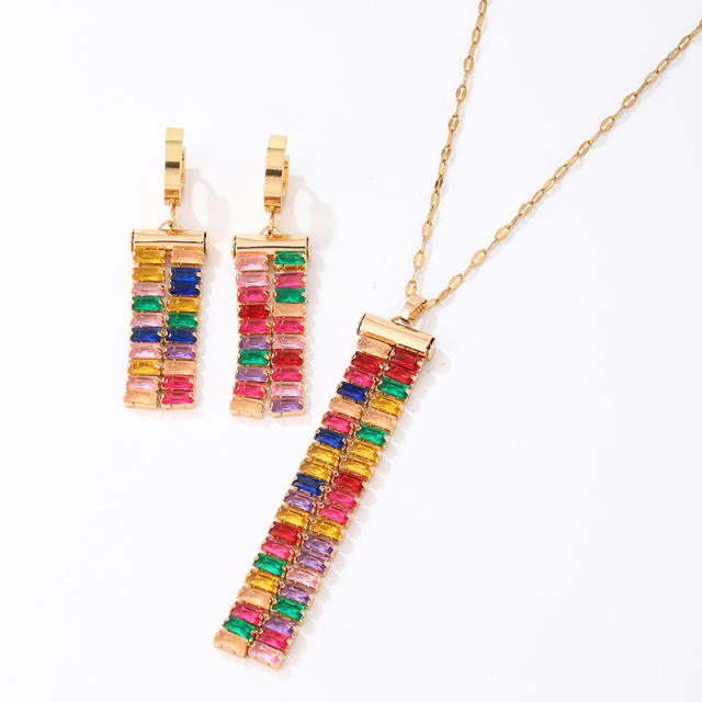 Delicate rainbow cubic zircon gold plated copper necklace set