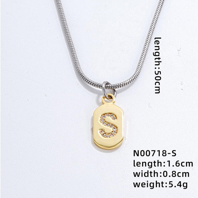 Delicate diamond initial letter copper pendant stainless steel chain necklace