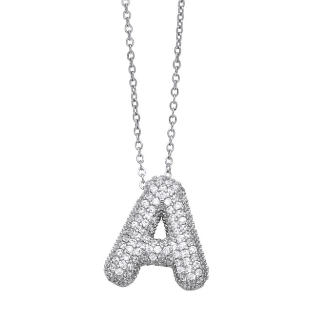 Silver color HIPHOP diamond initial letter charm gold plated copper necklace bubble necklace