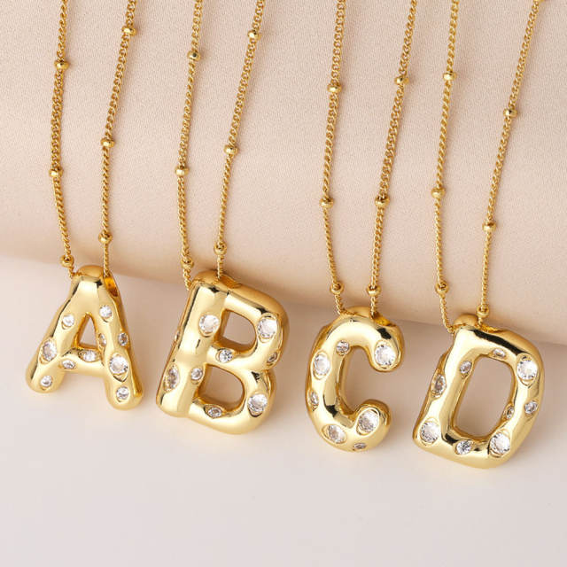 Chunky cubir zircon initial letter charm gold plated copper necklace bubble necklace