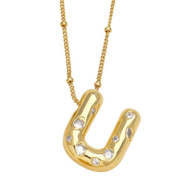 Chunky cubir zircon initial letter charm gold plated copper necklace bubble necklace