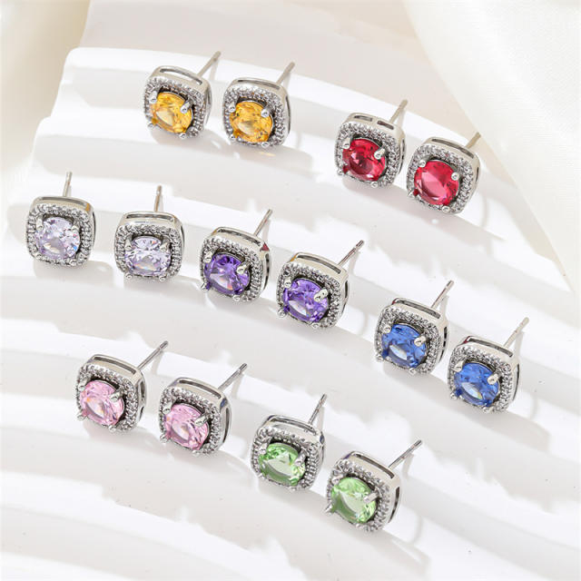 Chic square colorful cubic zircon copper material diamond studs earrings