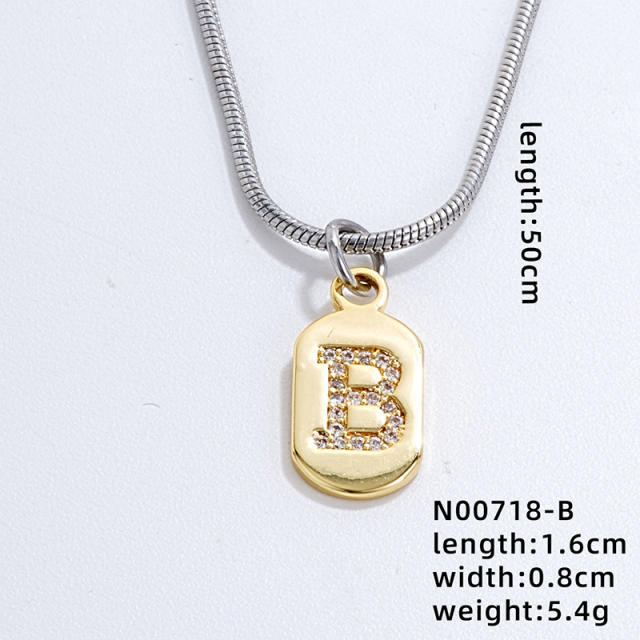 Delicate diamond initial letter copper pendant stainless steel chain necklace