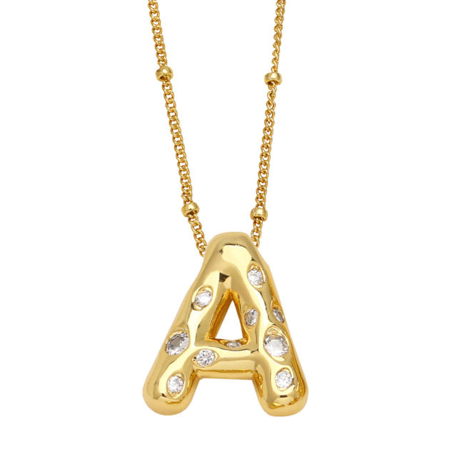 Chunky cubir zircon initial letter charm gold plated copper necklace bubble necklace