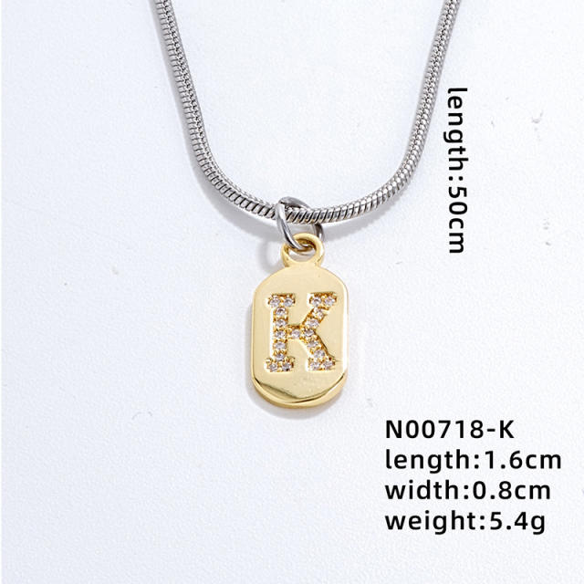 Delicate diamond initial letter copper pendant stainless steel chain necklace