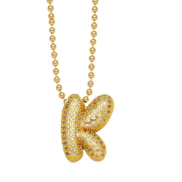 HIPHOP diamond chunky initial letter charm gold plated copper necklace bubble necklace