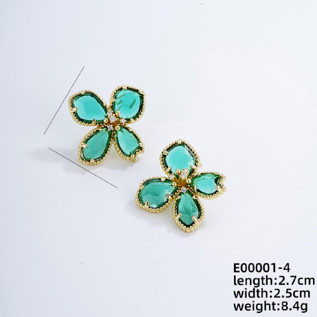 Elegant colorful glass petal flower gold plated copper studs earrings