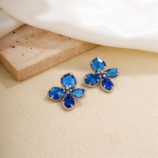 Elegant colorful glass petal flower gold plated copper studs earrings