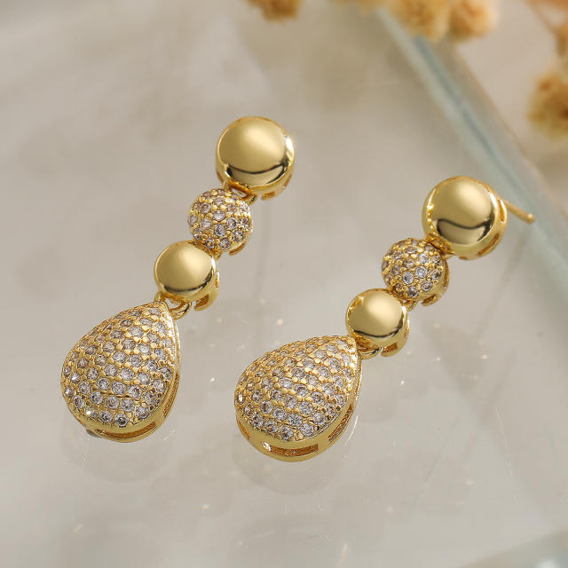 Delicate full diamond drop shape gold plated copper earrings