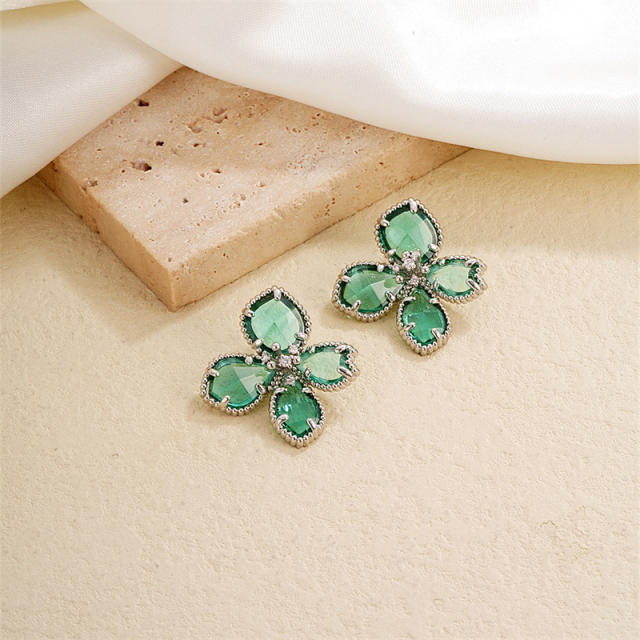 Elegant colorful glass petal flower gold plated copper studs earrings