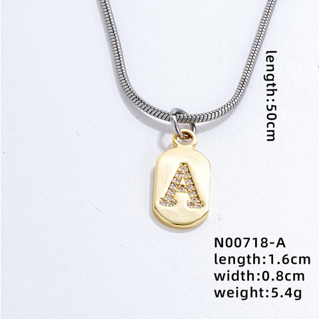 Delicate diamond initial letter copper pendant stainless steel chain necklace