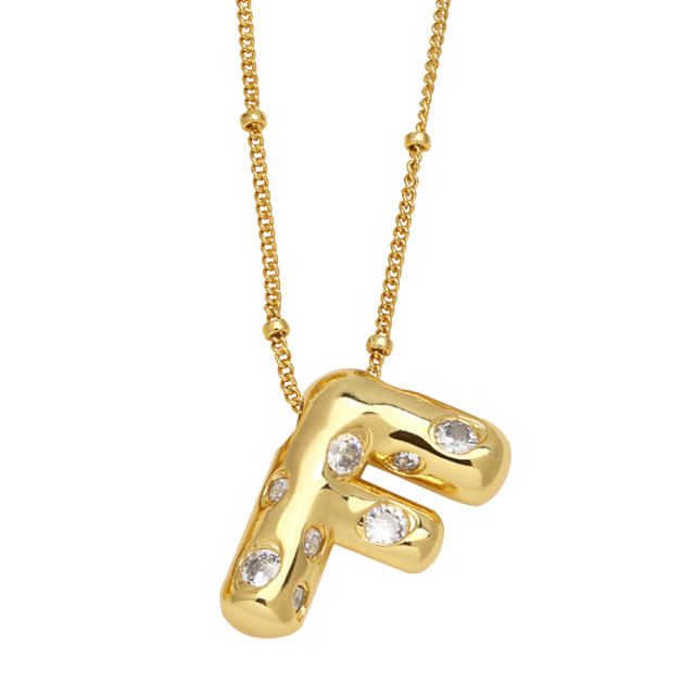 Chunky cubir zircon initial letter charm gold plated copper necklace bubble necklace