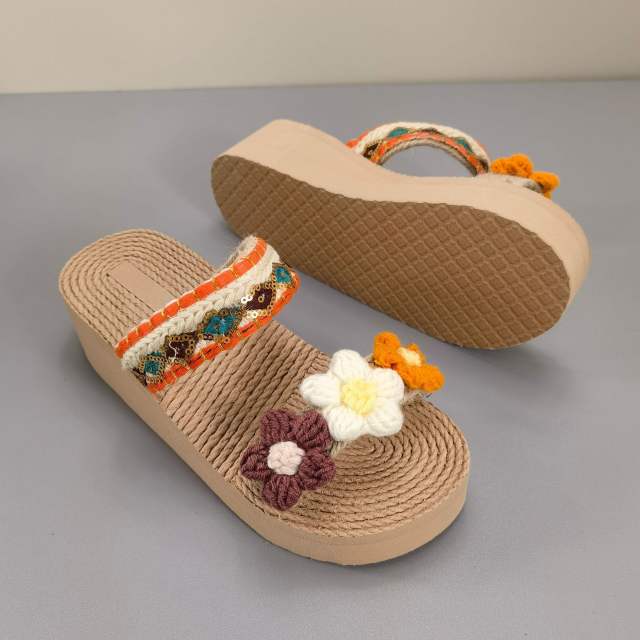 Boho knitted flower flatform beach slippers flat slippers