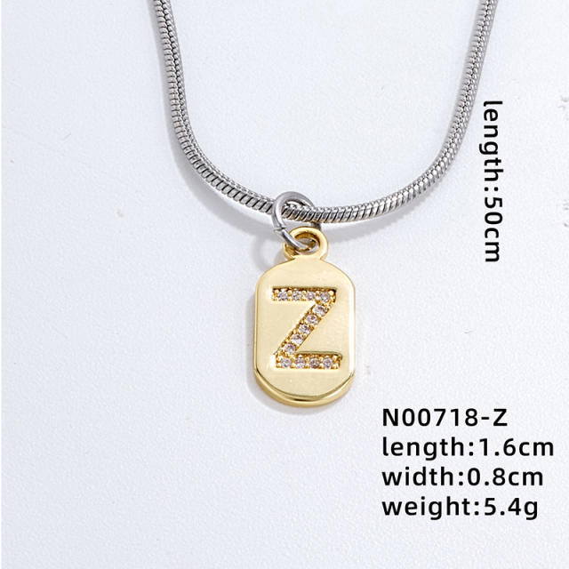 Delicate diamond initial letter copper pendant stainless steel chain necklace