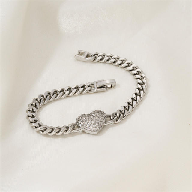 Hiphop diamond heart curban link chain bracelet