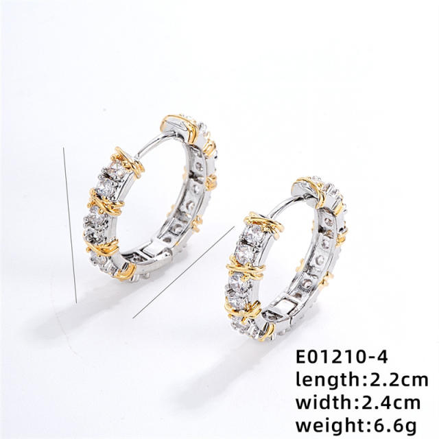 Chic mix color cubic zircon gold plated copper small hoop earrings