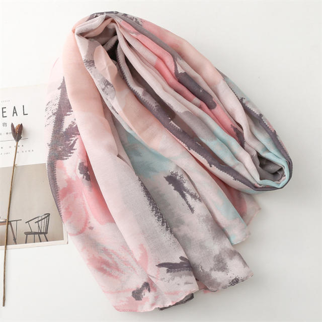 Hot sale spring pink blue flower fashion scarf