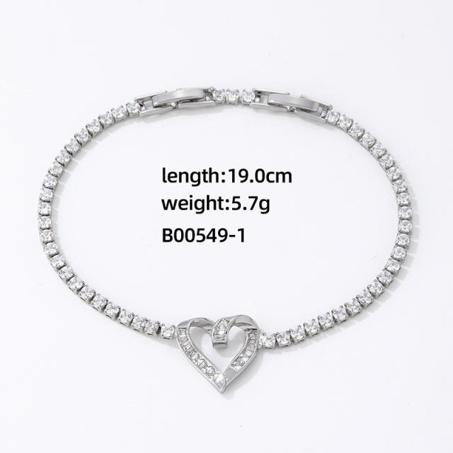 Delicate diamond heart gold plated copper tennis bracelet