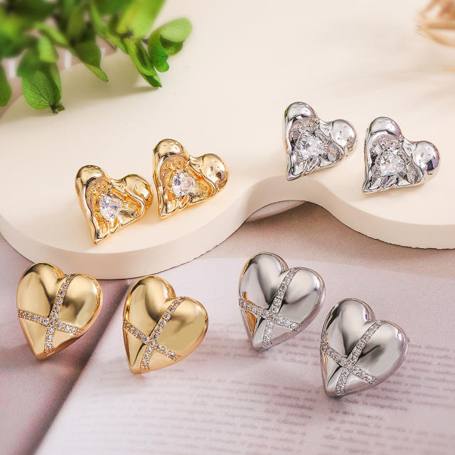 Delicate gold plated copper diamond heart studs earrings collection