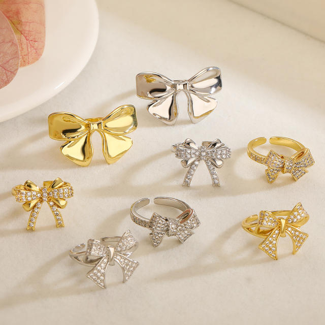 Delicate diamond bow real gold plated copper adjustable finger rings collection