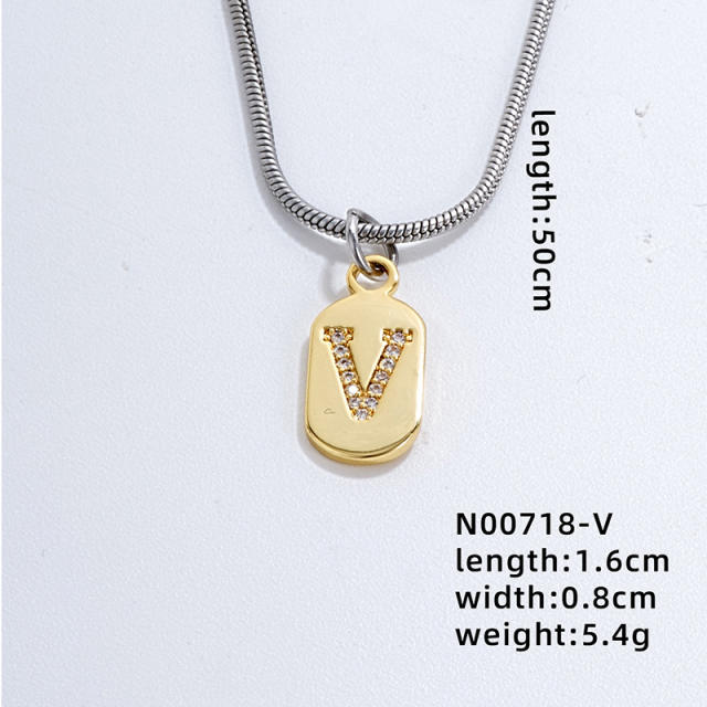 Delicate diamond initial letter copper pendant stainless steel chain necklace