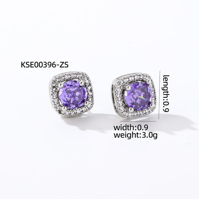 Chic square colorful cubic zircon copper material diamond studs earrings