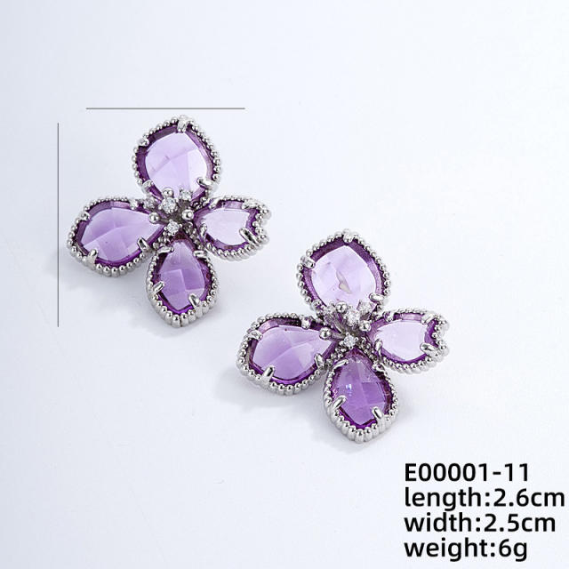 Elegant colorful glass petal flower gold plated copper studs earrings