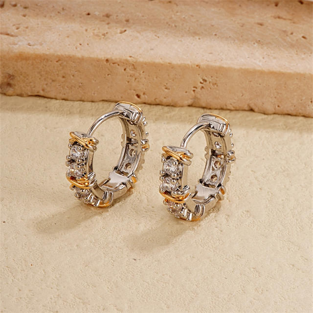 Chic mix color cubic zircon gold plated copper small hoop earrings
