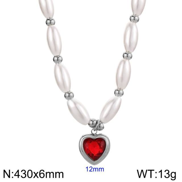 Elegant imitation pearl colorful heart cubic zircon pendant necklace