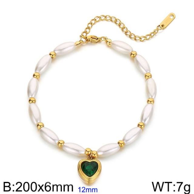Elegant imitation pearl bead glass crystal heart charm bracelet