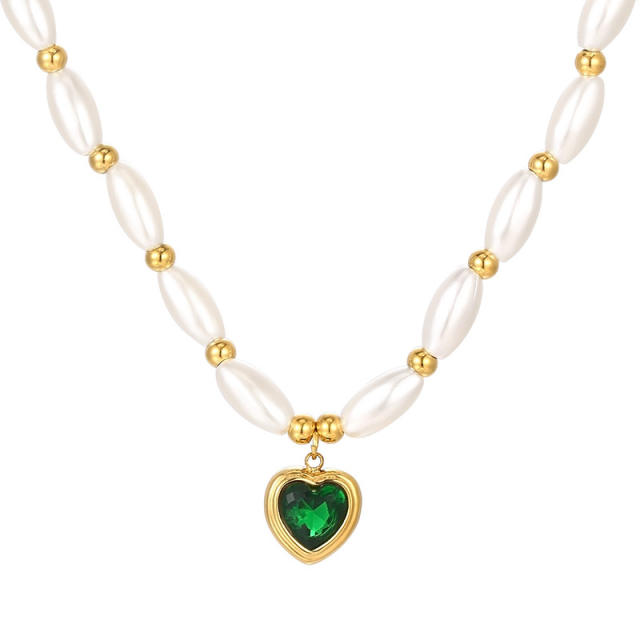 Elegant imitation pearl colorful heart cubic zircon pendant necklace