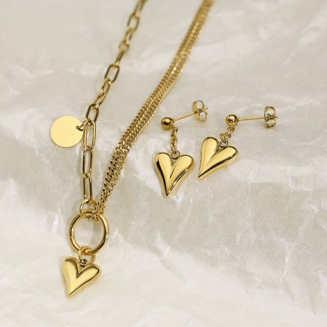 INS classic heart pendant stainless steel chain necklace earrings set