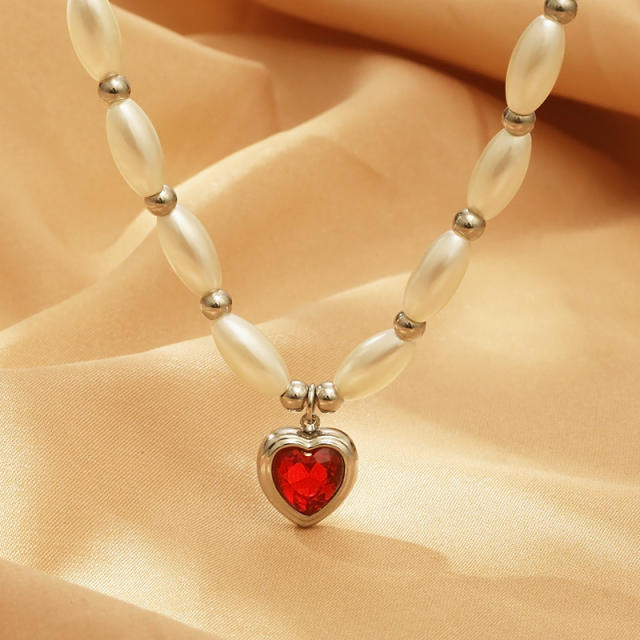 Elegant imitation pearl colorful heart cubic zircon pendant necklace