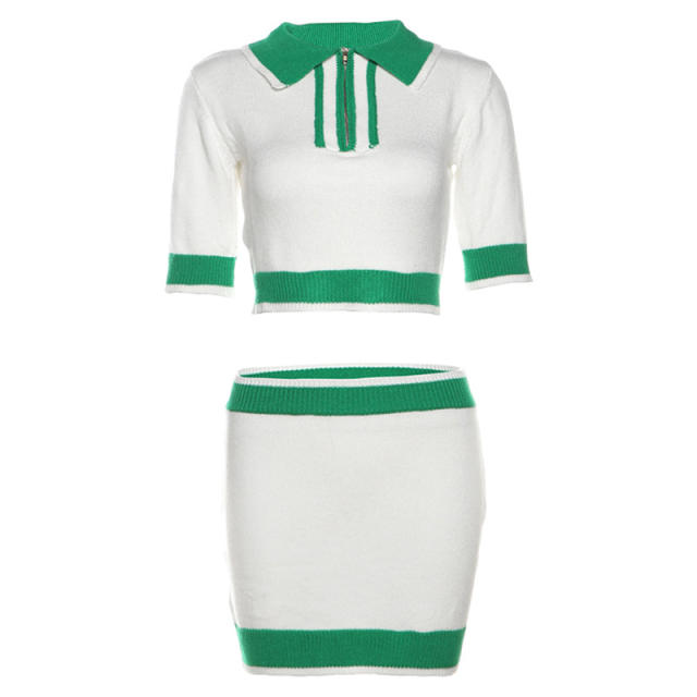 Sexy green white color knitted mini skirt tops set